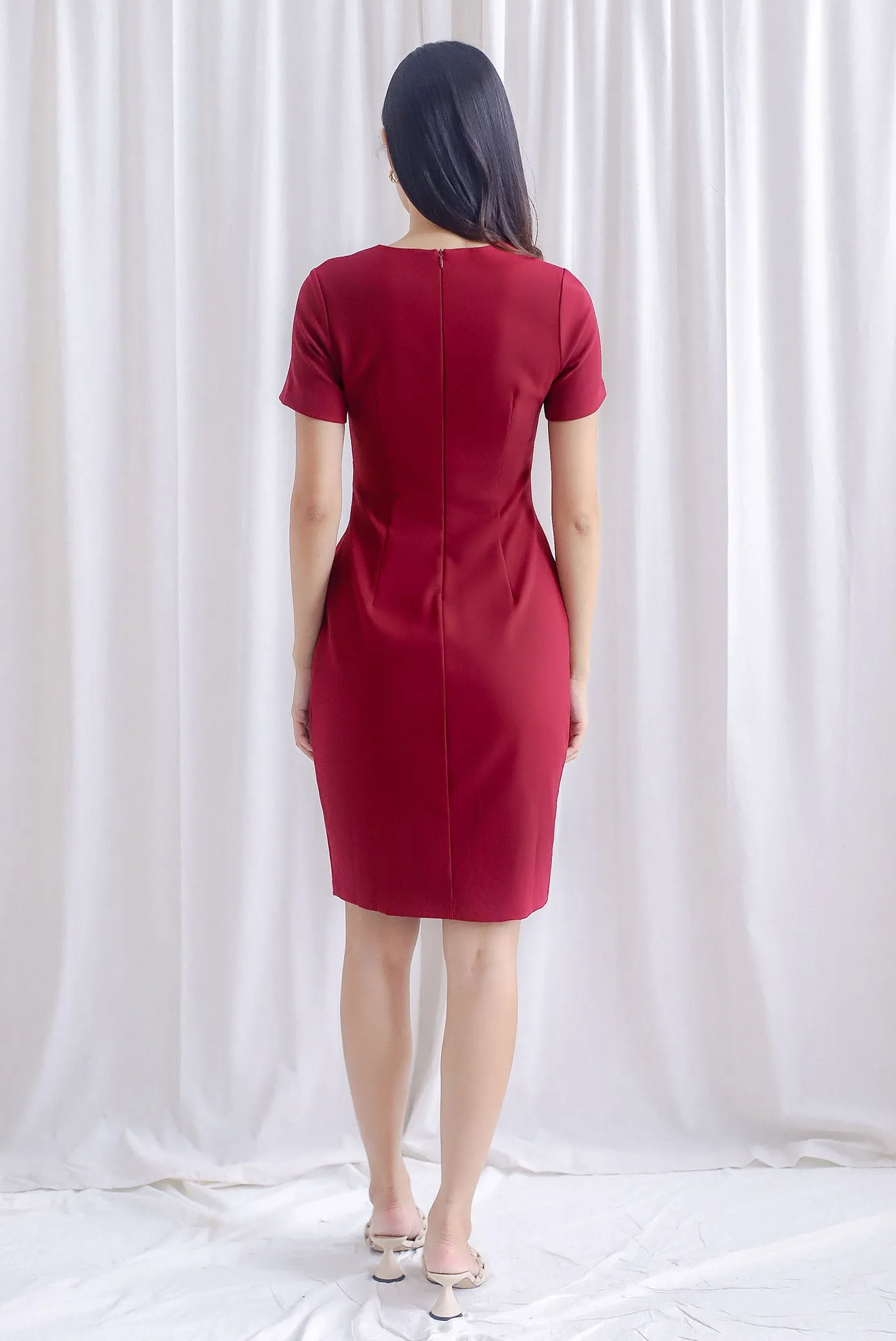TDC Norella Sleeved Tie Waist Pencil Dress In Berry Red