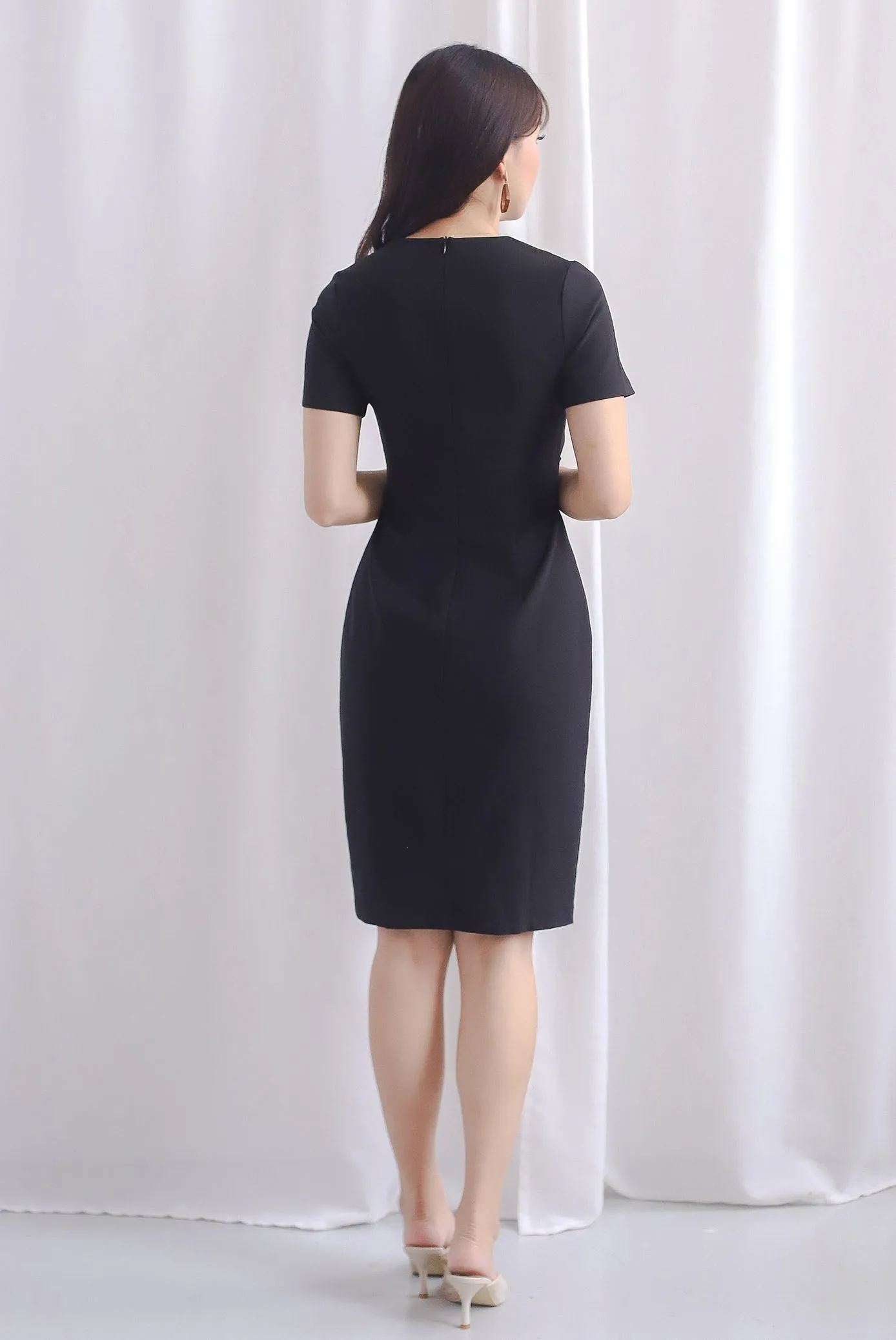 TDC Norella Sleeved Tie Waist Pencil Dress In Black