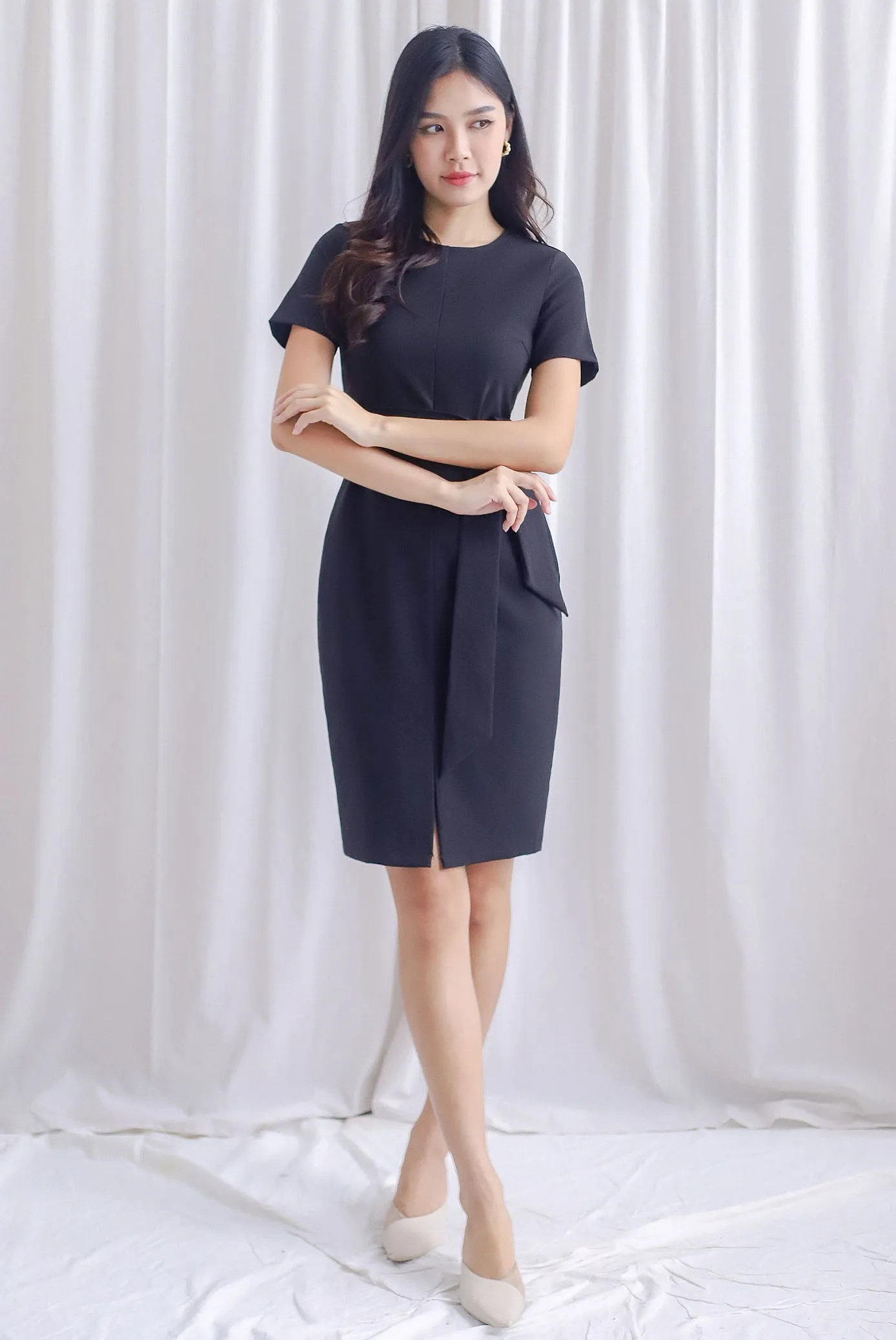 TDC Norella Sleeved Tie Waist Pencil Dress In Black