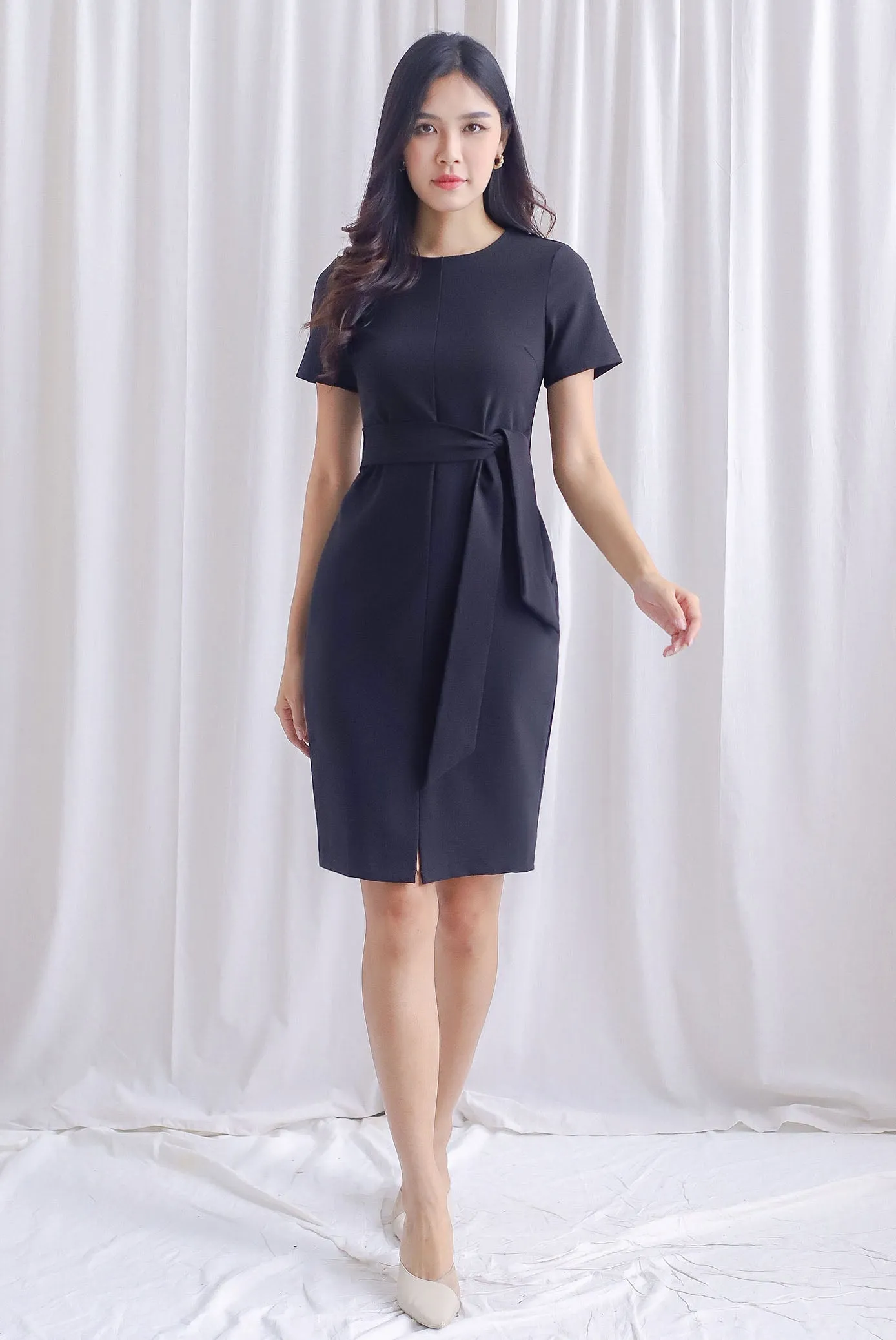 TDC Norella Sleeved Tie Waist Pencil Dress In Black