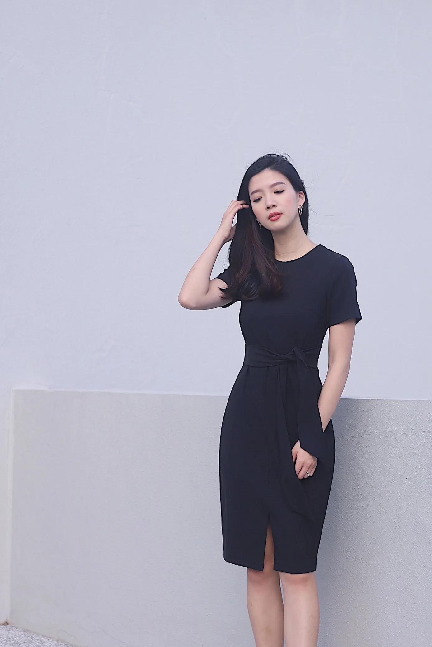 TDC Norella Sleeved Tie Waist Pencil Dress In Black