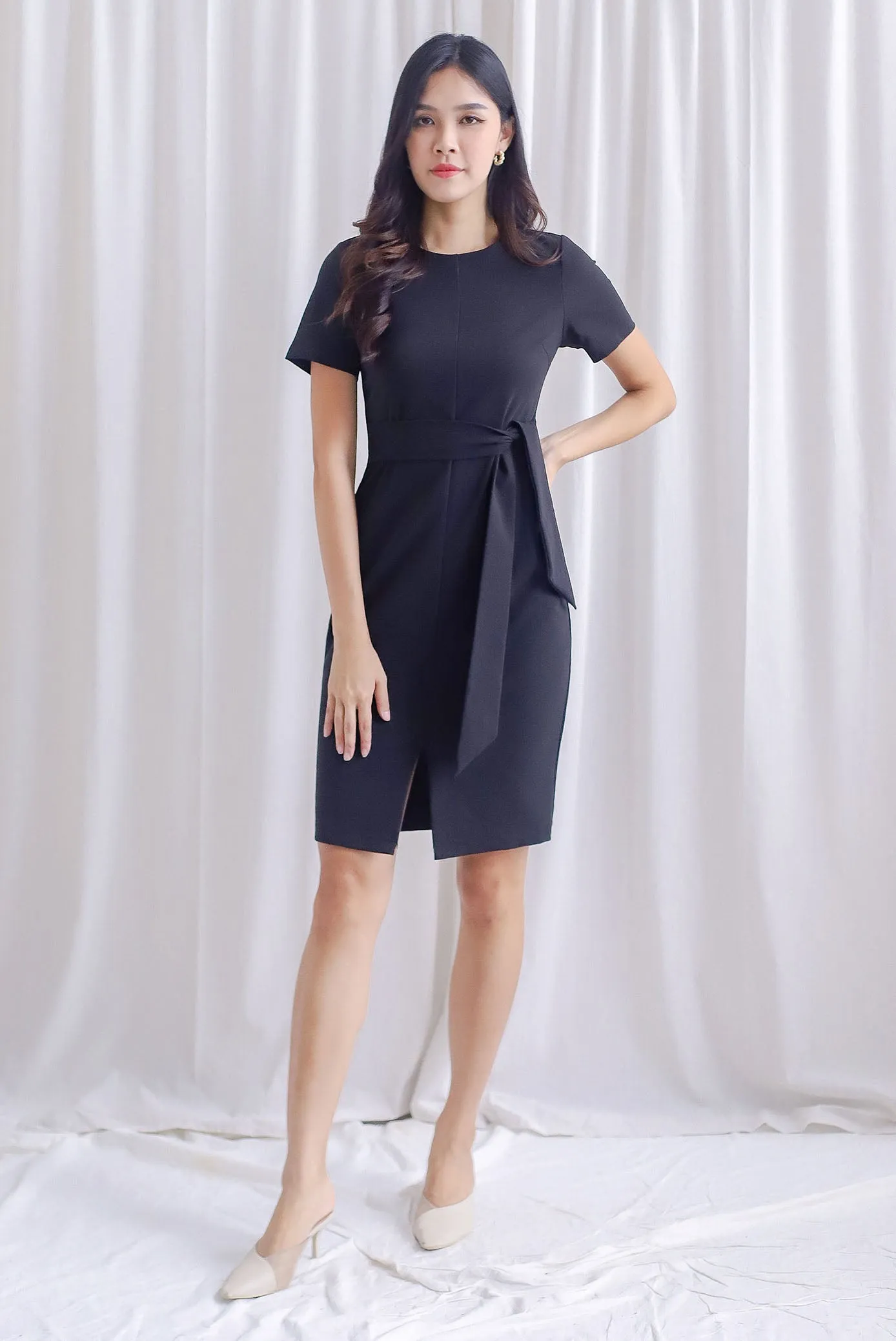 TDC Norella Sleeved Tie Waist Pencil Dress In Black