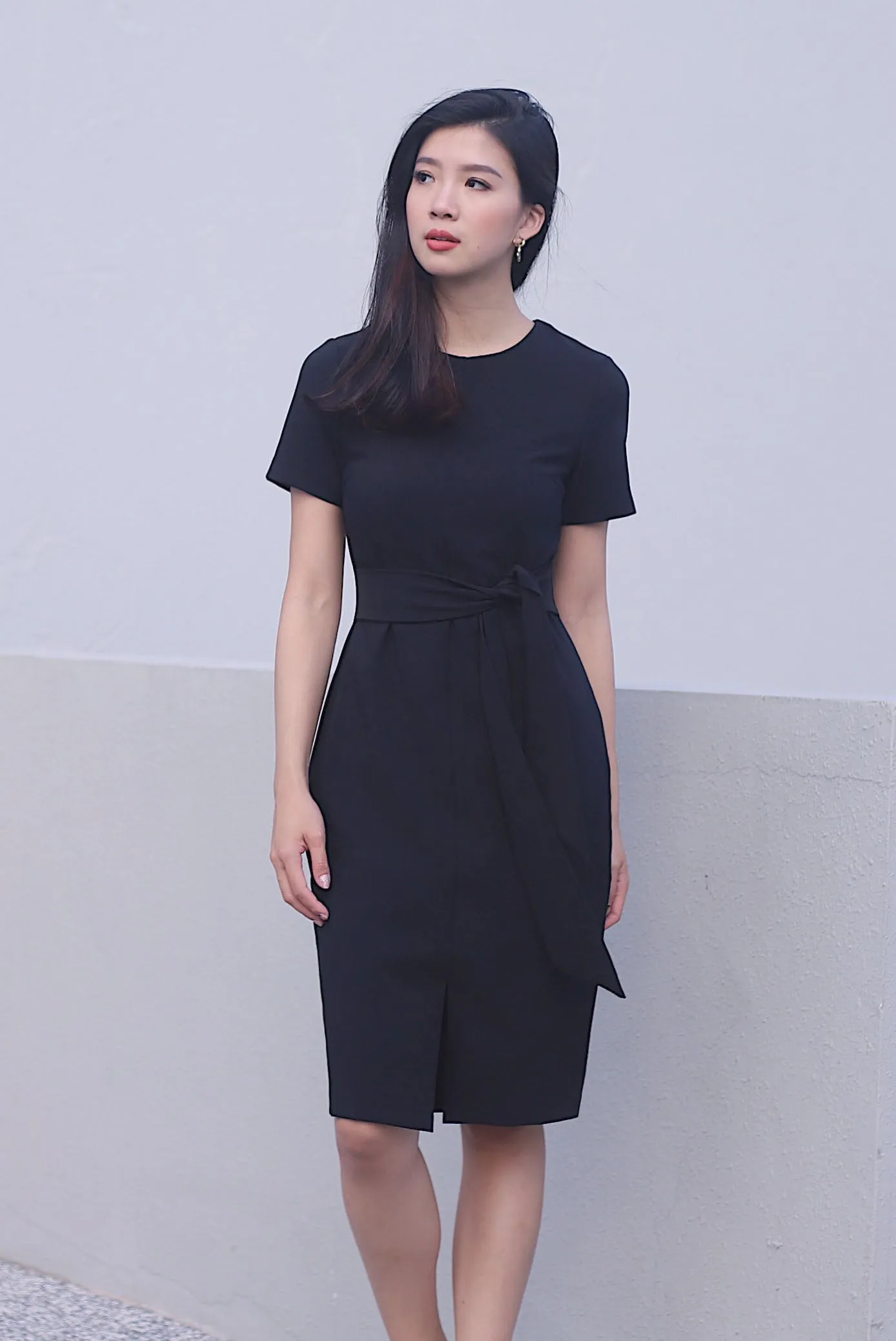 TDC Norella Sleeved Tie Waist Pencil Dress In Black