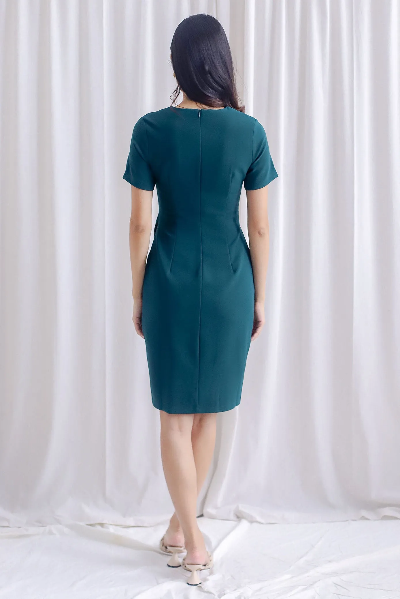 TDC Norella Sleeved Tie Waist Pencil Dress In Forest Green