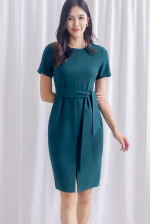 TDC Norella Sleeved Tie Waist Pencil Dress In Forest Green