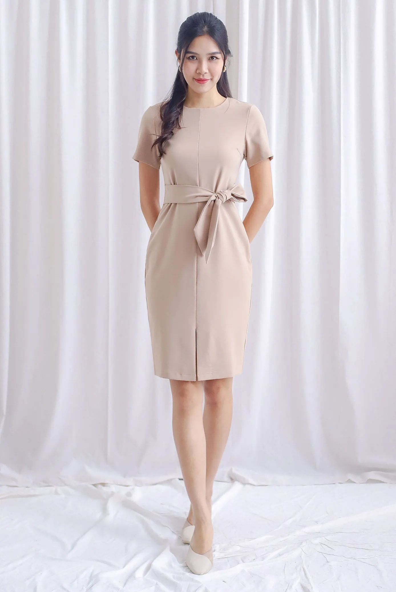 TDC Norella Sleeved Tie Waist Pencil Dress In Wheat