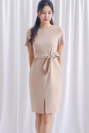 TDC Norella Sleeved Tie Waist Pencil Dress In Wheat