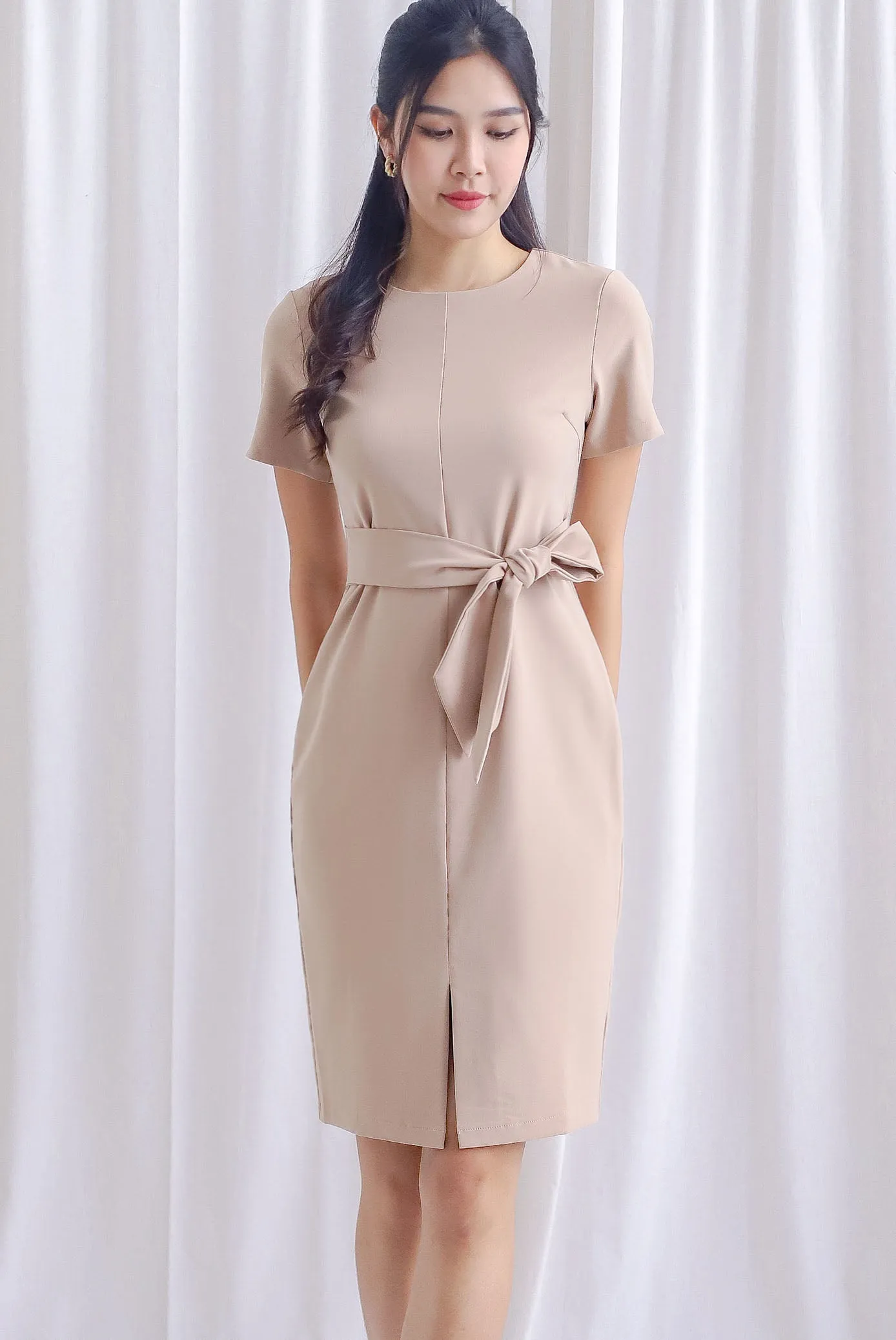 TDC Norella Sleeved Tie Waist Pencil Dress In Wheat