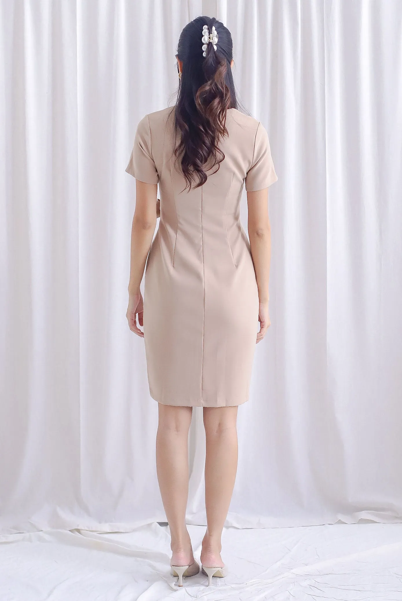 TDC Norella Sleeved Tie Waist Pencil Dress In Wheat