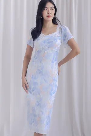 Tran Floral Puffy Sleeve Overlap Pencil Dress In Blue