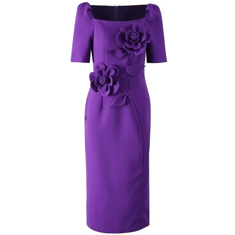Valentina Square Collar Short Sleeve Appliques Solid Color Office Lady Pencil Dress
