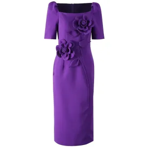 Valentina Square Collar Short Sleeve Appliques Solid Color Office Lady Pencil Dress
