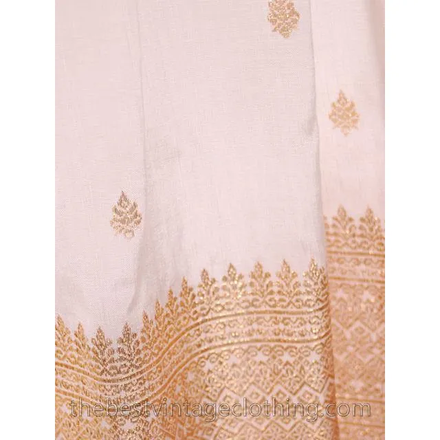Vintage Dress Gown 1970s Maxi White Silk | Gold Metallic Border Print Paisleys Small