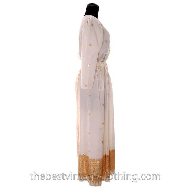 Vintage Dress Gown 1970s Maxi White Silk | Gold Metallic Border Print Paisleys Small