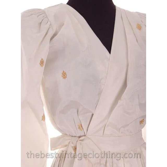 Vintage Dress Gown 1970s Maxi White Silk | Gold Metallic Border Print Paisleys Small