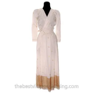 Vintage Dress Gown 1970s Maxi White Silk | Gold Metallic Border Print Paisleys Small