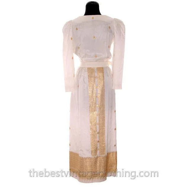 Vintage Dress Gown 1970s Maxi White Silk | Gold Metallic Border Print Paisleys Small
