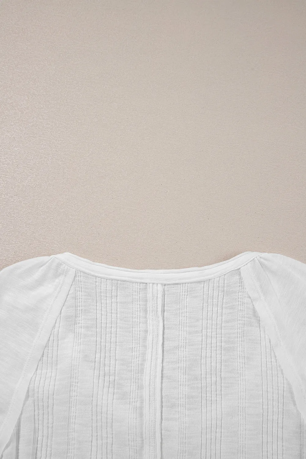 White Snap Button Drawstirng Tie Neck Textured Half Sleeve Shirt