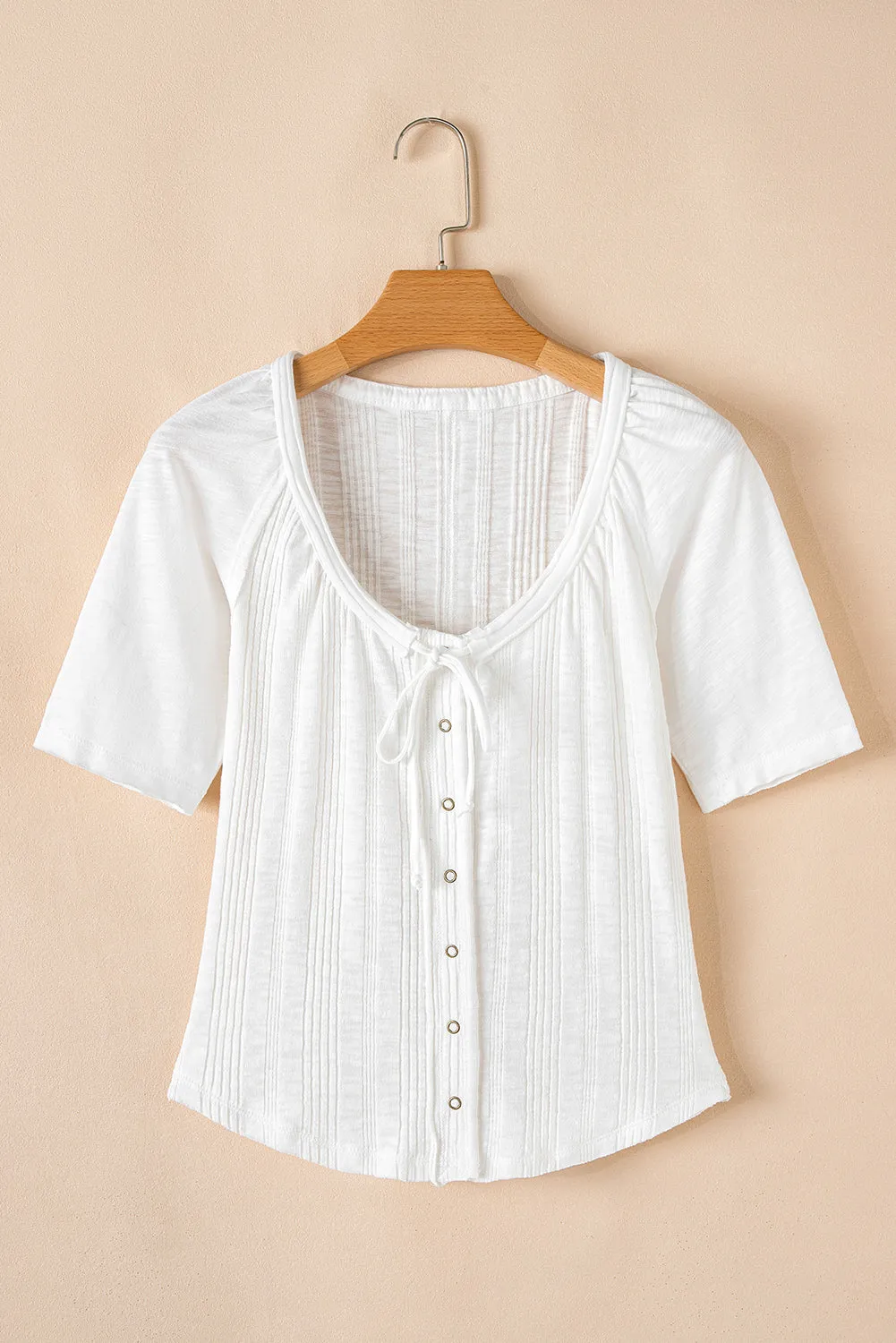 White Snap Button Drawstirng Tie Neck Textured Half Sleeve Shirt