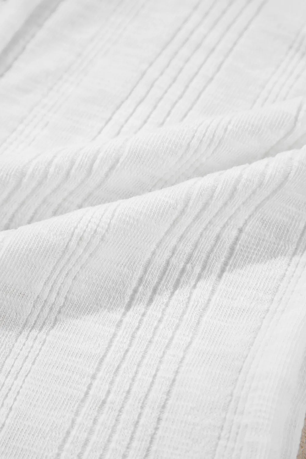 White Snap Button Drawstirng Tie Neck Textured Half Sleeve Shirt