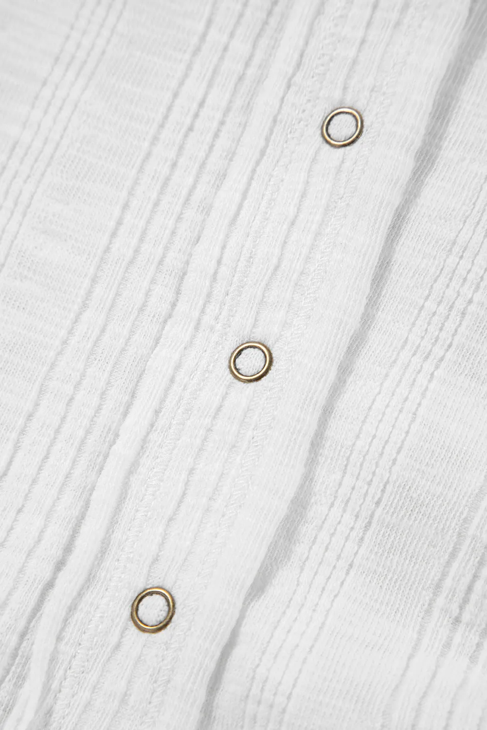 White Snap Button Drawstirng Tie Neck Textured Half Sleeve Shirt