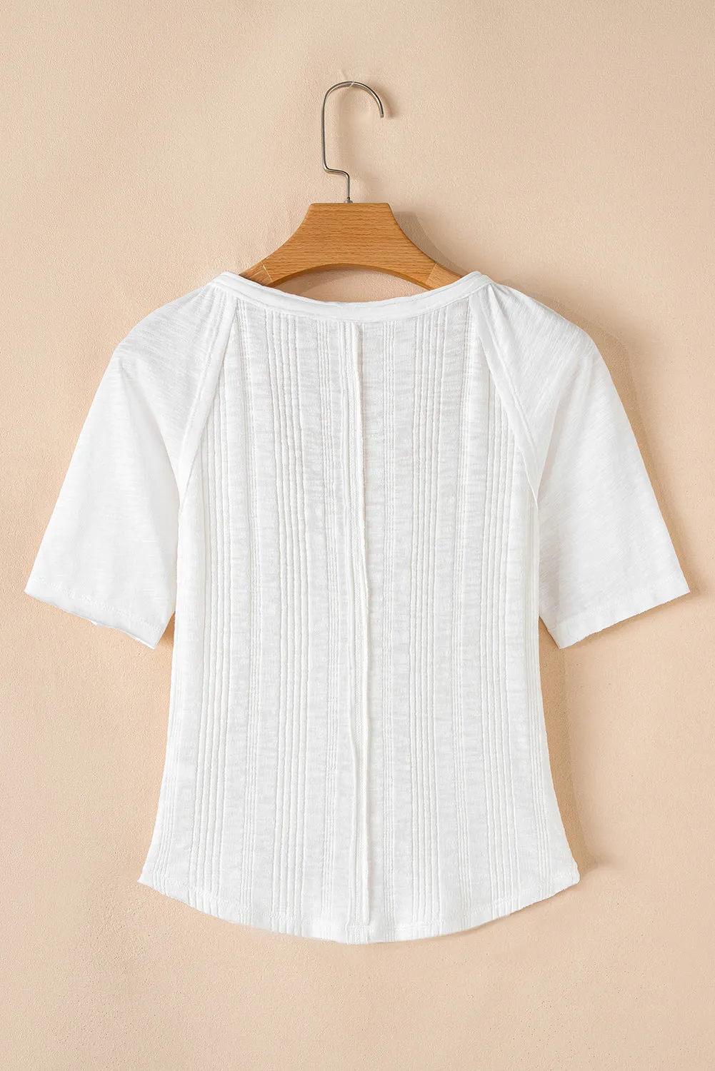 White Snap Button Drawstirng Tie Neck Textured Half Sleeve Shirt