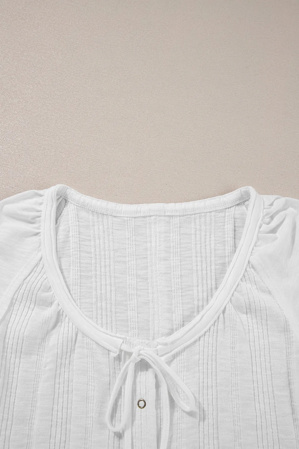 White Snap Button Drawstirng Tie Neck Textured Half Sleeve Shirt