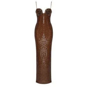 Women Sexy Backless Sequins Solid Color Tight Long Dress