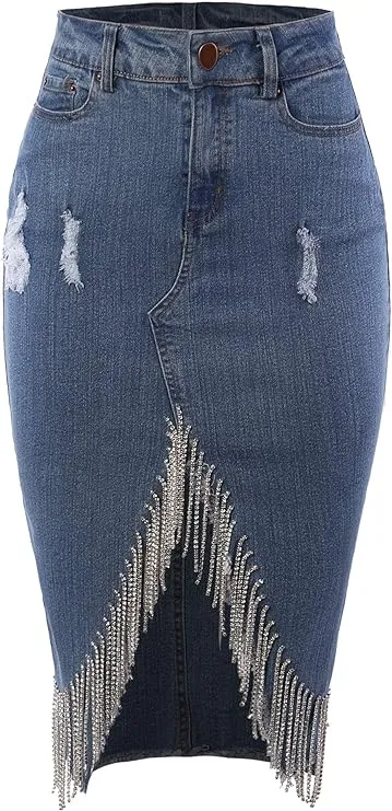 Women's Slim Fit Rayon Knee Length Unhem Back Slit Denim Jean Pencil Skirt
