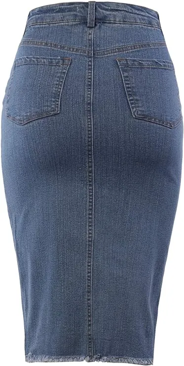 Women's Slim Fit Rayon Knee Length Unhem Back Slit Denim Jean Pencil Skirt