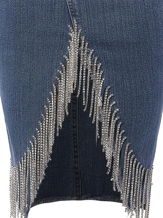 Women's Slim Fit Rayon Knee Length Unhem Back Slit Denim Jean Pencil Skirt