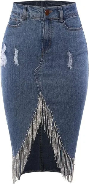 Women's Slim Fit Rayon Knee Length Unhem Back Slit Denim Jean Pencil Skirt